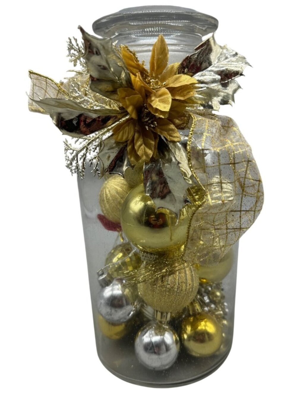 Holiday Decorative Glass Jar With Gold & Silver Ornaments Floral & Ribbon READ